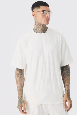 Tall Embossed Check Towelling T-Shirt & Short Set In White | BoohooMAN UK