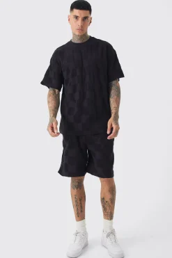 Tall Embossed Checkered Towelling Tee & Short Set In Black | BoohooMAN UK
