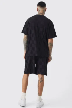 Tall Embossed Checkered Towelling Tee & Short Set In Black | BoohooMAN UK