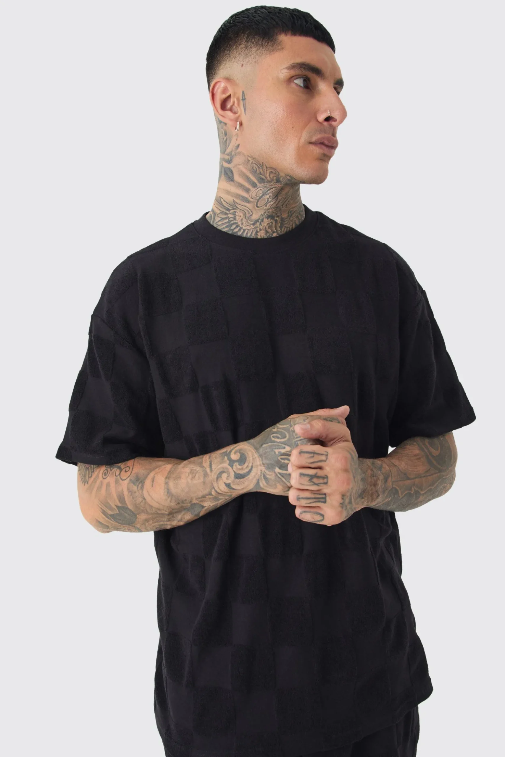 Tall Embossed Checkered Towelling Tee & Short Set In Black | BoohooMAN UK