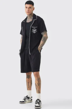Tall Embroidered Towelling Shirt & Short Set In Black | BoohooMAN UK
