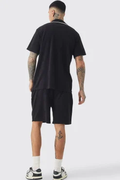 Tall Embroidered Towelling Shirt & Short Set In Black | BoohooMAN UK