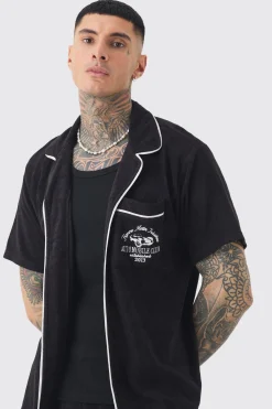 Tall Embroidered Towelling Shirt & Short Set In Black | BoohooMAN UK