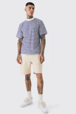 Tall Extended Neck Stripe T-shirt & Short Set | BoohooMAN UK