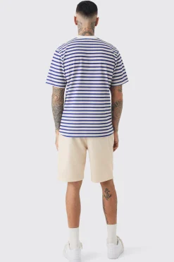 Tall Extended Neck Stripe T-shirt & Short Set | BoohooMAN UK