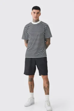Tall Extended Neck Stripe T-shirt & Short Set | BoohooMAN UK