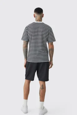 Tall Extended Neck Stripe T-shirt & Short Set | BoohooMAN UK