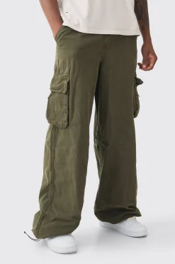 Tall Extreme Baggy Fit Toggle Cargo Trousers In Khaki | BoohooMAN UK