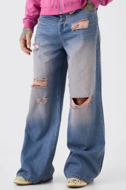 Tall Extreme Baggy Overdyed Frayed Self Fabric Applique Jean | BoohooMAN UK