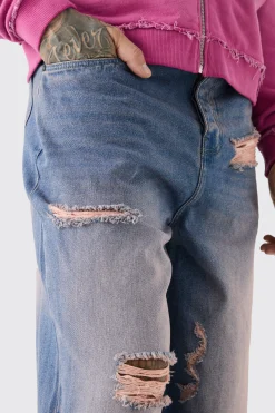 Tall Extreme Baggy Overdyed Frayed Self Fabric Applique Jean | BoohooMAN UK