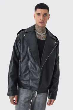 Tall Extreme Oversized Textured PU Biker Jacket In Black | BoohooMAN UK