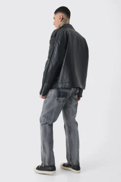 Tall Extreme Oversized Textured PU Biker Jacket In Black | BoohooMAN UK