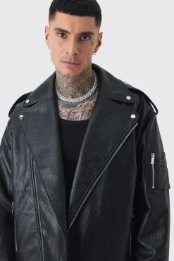 Tall Extreme Oversized Textured PU Biker Jacket In Black | BoohooMAN UK