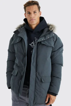 Tall Faux Fur Hooded Arctic Parka Jacket In Charcoal | BoohooMAN UK