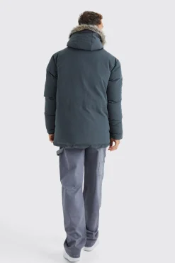 Tall Faux Fur Hooded Arctic Parka Jacket In Charcoal | BoohooMAN UK