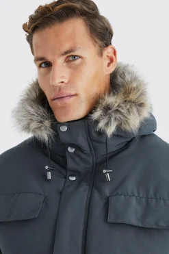 Tall Faux Fur Hooded Arctic Parka Jacket In Charcoal | BoohooMAN UK