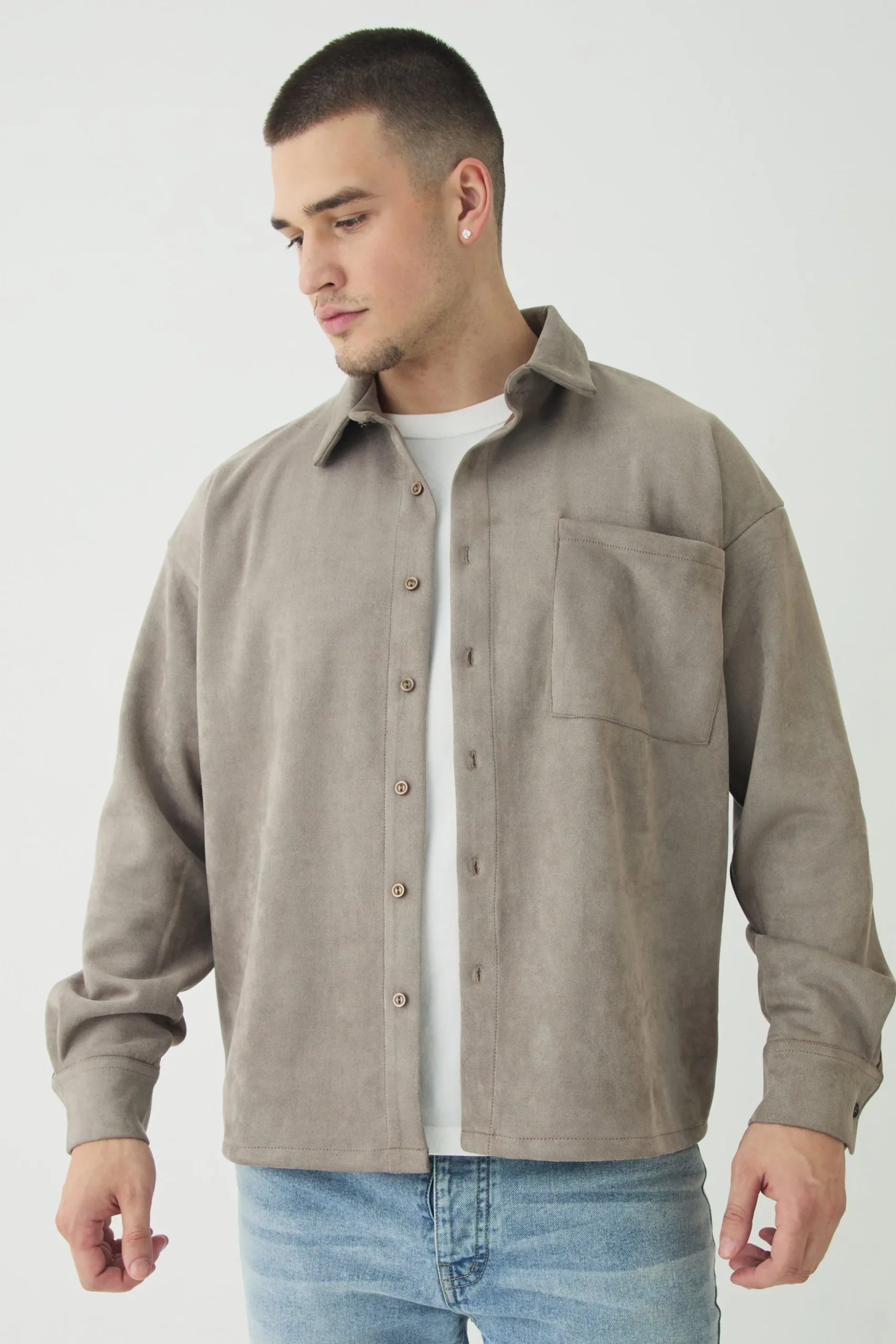 Tall Faux Suede Button Through Overshirt | BoohooMAN UK