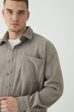 Tall Faux Suede Button Through Overshirt | BoohooMAN UK