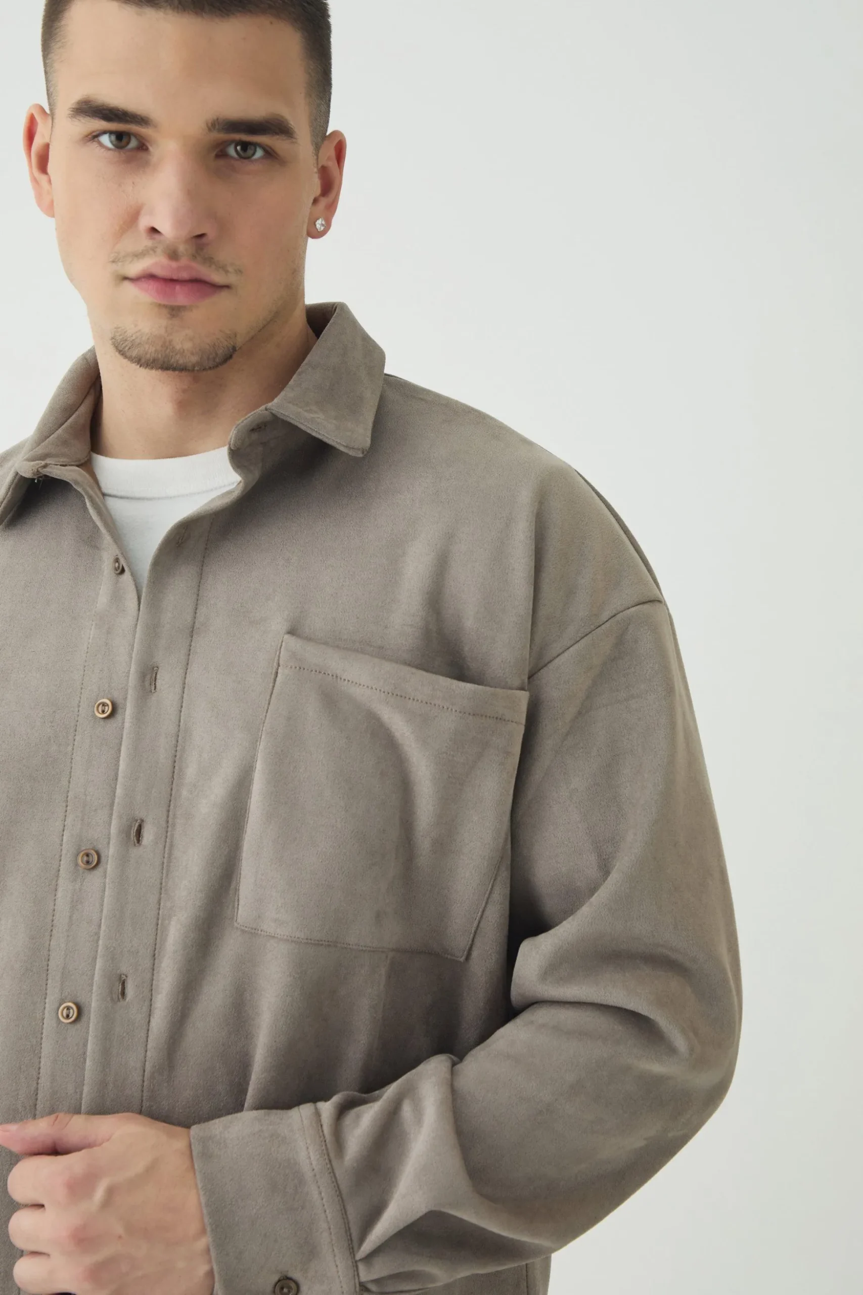 Tall Faux Suede Button Through Overshirt | BoohooMAN UK