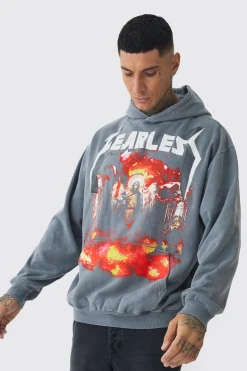 Tall Fearless Print Oversized Washed Hoodie In Charcoal | BoohooMAN UK