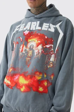 Tall Fearless Print Oversized Washed Hoodie In Charcoal | BoohooMAN UK