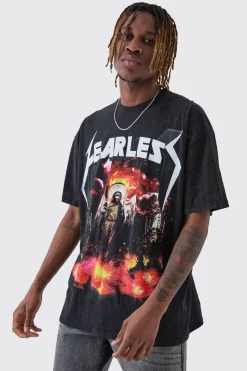 Tall Fearless Print Oversized Washed T-shirt In Charcoal | BoohooMAN UK
