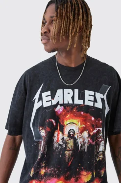 Tall Fearless Print Oversized Washed T-shirt In Charcoal | BoohooMAN UK