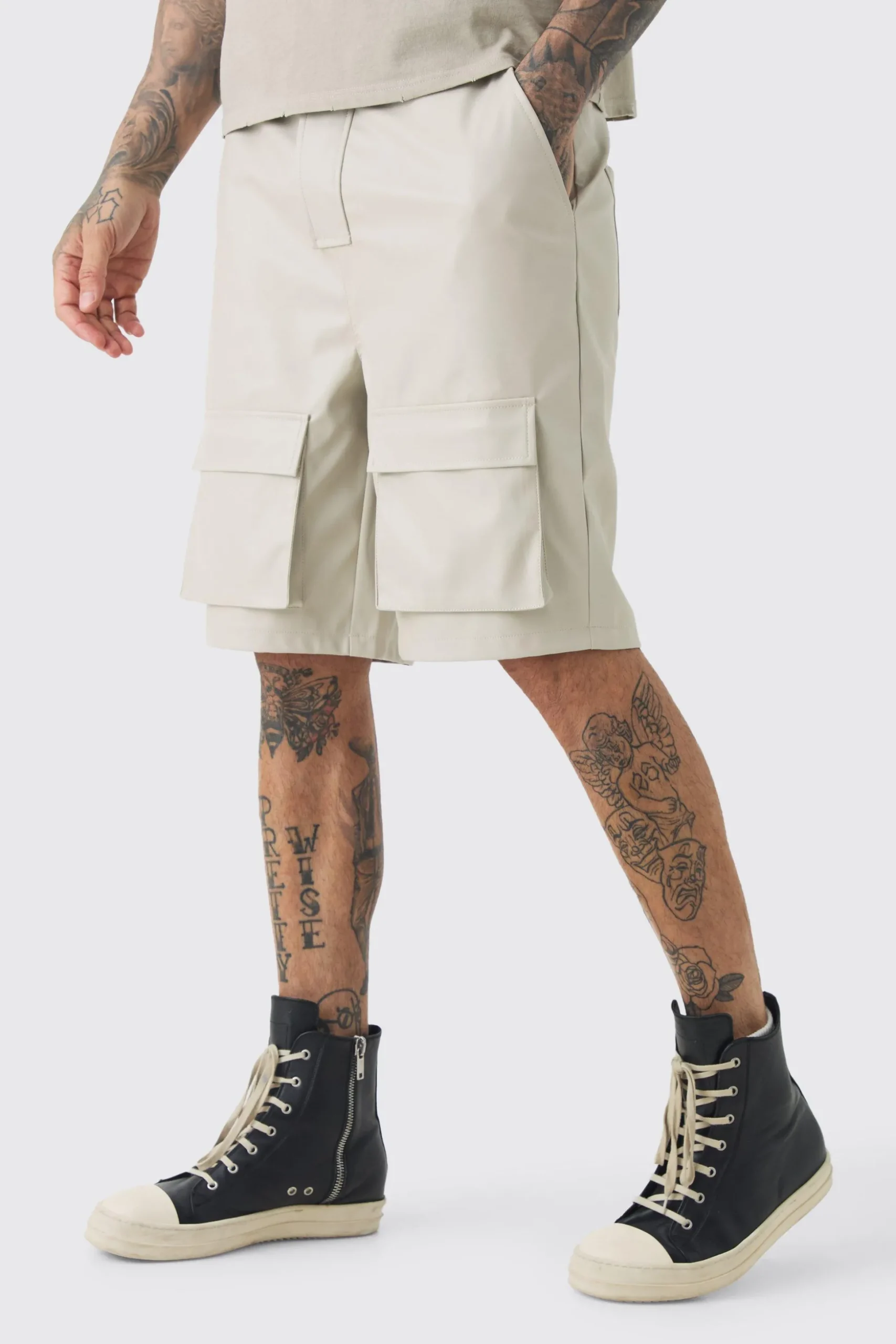 Tall Fixed Waist PU Cargo Short | BoohooMAN UK