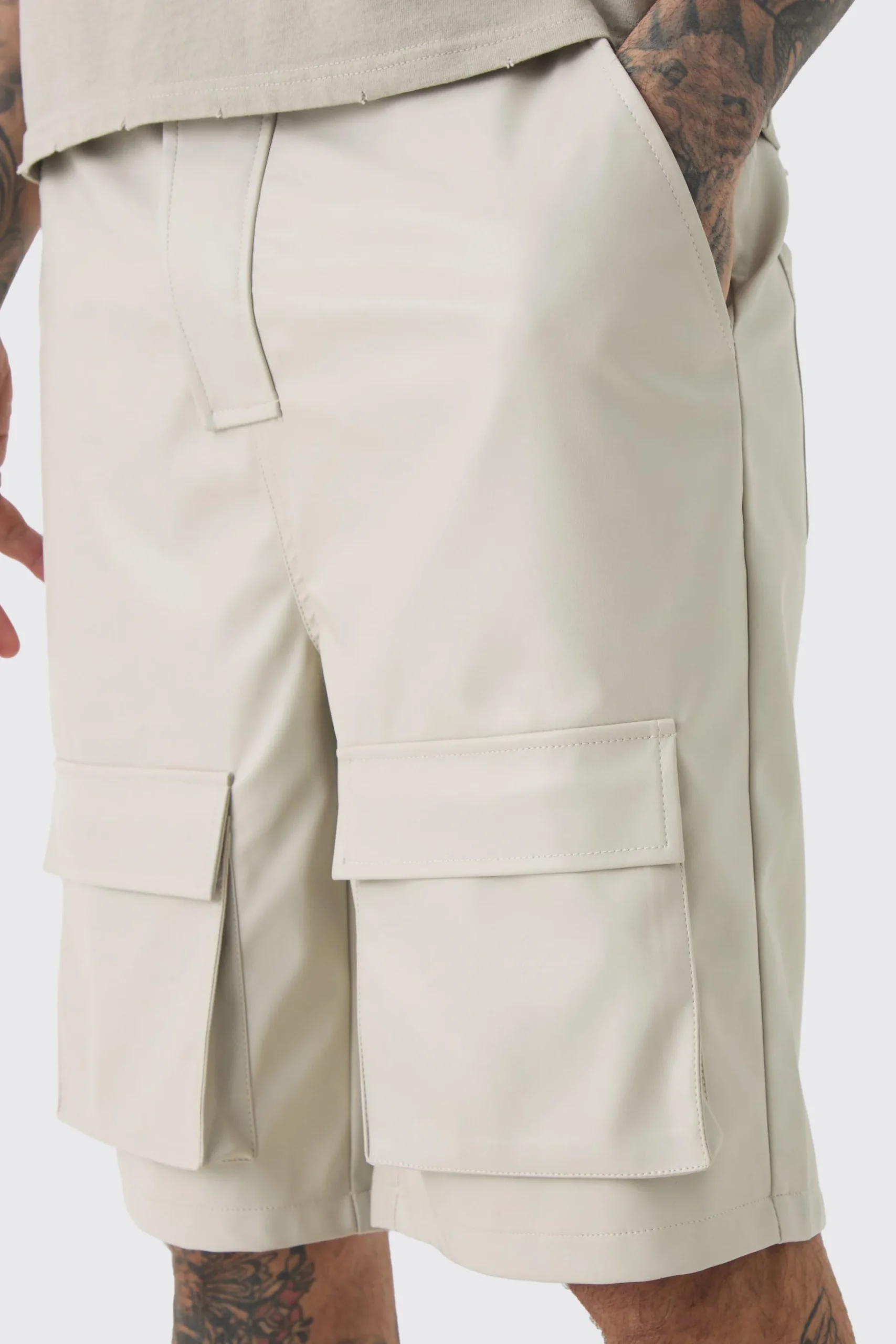 Tall Fixed Waist PU Cargo Short | BoohooMAN UK