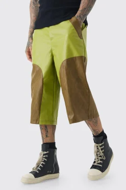 Tall Fixed Waist PU Colour Block Jorts | BoohooMAN UK