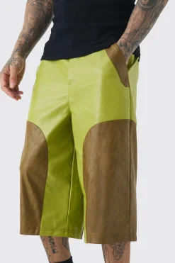 Tall Fixed Waist PU Colour Block Jorts | BoohooMAN UK