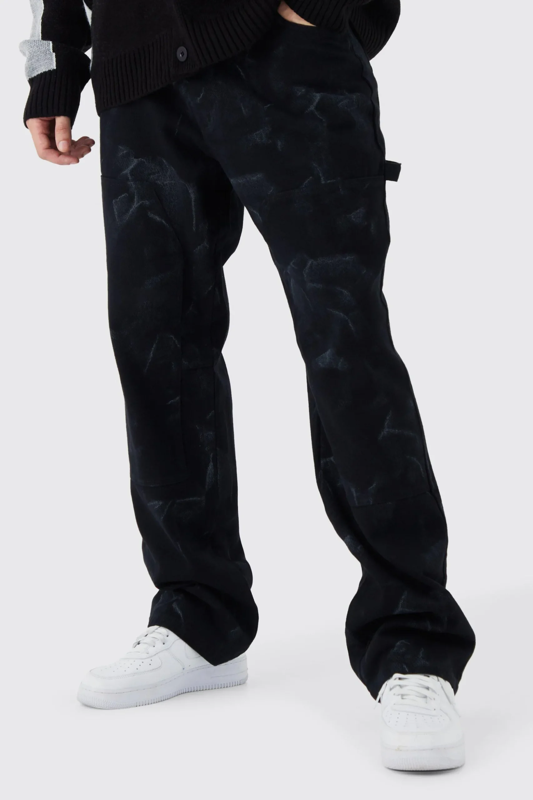 Tall Fixed Waist Relaxed Smoke Wash Carpenter Trouser | BoohooMAN UK