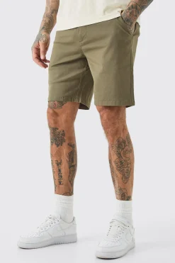 Tall Fixed Waist Slim Fit Chino Shorts In Khaki | BoohooMAN UK