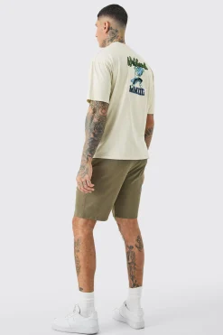 Tall Fixed Waist Slim Fit Chino Shorts In Khaki | BoohooMAN UK