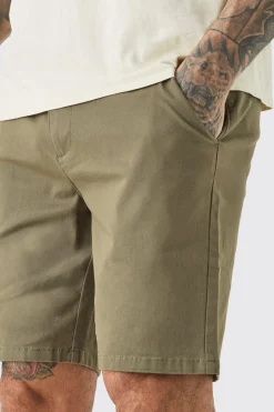 Tall Fixed Waist Slim Fit Chino Shorts In Khaki | BoohooMAN UK