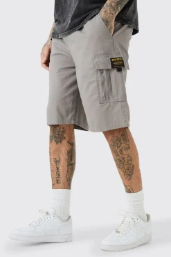 Tall Fixed Waist Twill Relaxed Cargo Zip Detail Tab Short | BoohooMAN UK