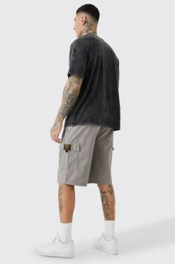 Tall Fixed Waist Twill Relaxed Cargo Zip Detail Tab Short | BoohooMAN UK