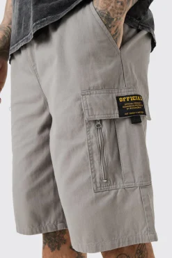 Tall Fixed Waist Twill Relaxed Cargo Zip Detail Tab Short | BoohooMAN UK