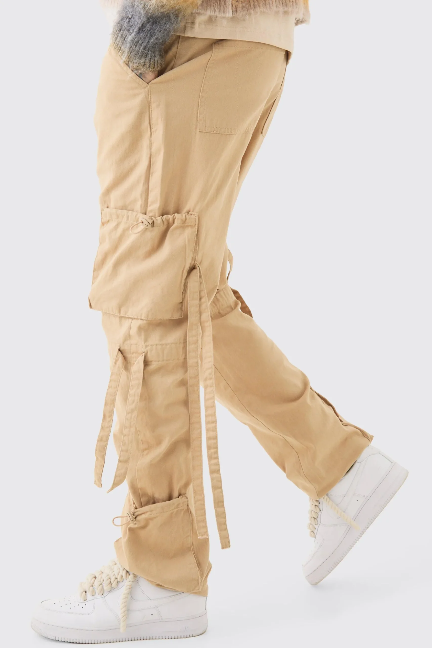 Tall Fixed Waist Washed Twill Multi Cargo Trouser | BoohooMAN UK