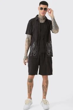 Tall Flame Embroidered Towelling Shirt & Short Set Black | BoohooMAN UK