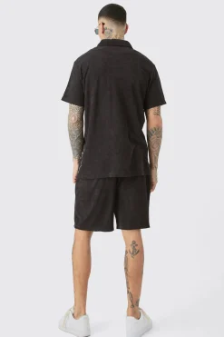 Tall Flame Embroidered Towelling Shirt & Short Set Black | BoohooMAN UK