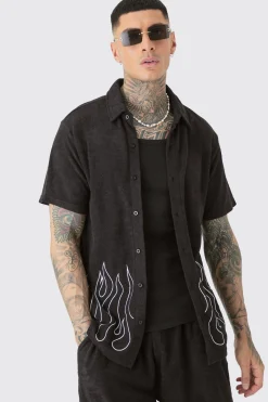 Tall Flame Embroidered Towelling Shirt & Short Set Black | BoohooMAN UK
