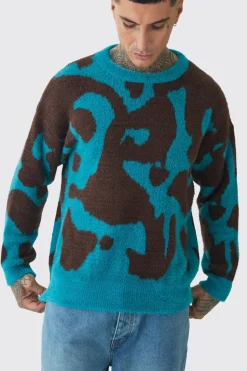 Tall Fluffy Knit Abstract Sweatshirt | BoohooMAN UK