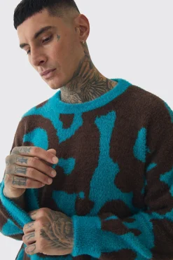 Tall Fluffy Knit Abstract Sweatshirt | BoohooMAN UK