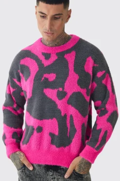Tall Fluffy Knit Abstract Sweatshirt | BoohooMAN UK