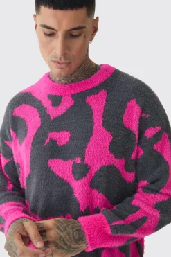 Tall Fluffy Knit Abstract Sweatshirt | BoohooMAN UK