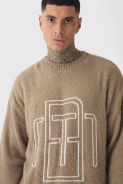 Tall Fluffy Knit BM Jumper | BoohooMAN UK