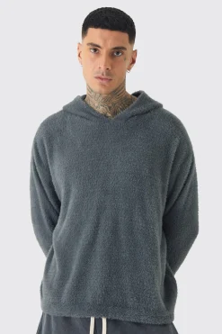 Tall Fluffy Knit Boxy Oversized Hoodie | BoohooMAN UK