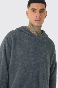 Tall Fluffy Knit Boxy Oversized Hoodie | BoohooMAN UK