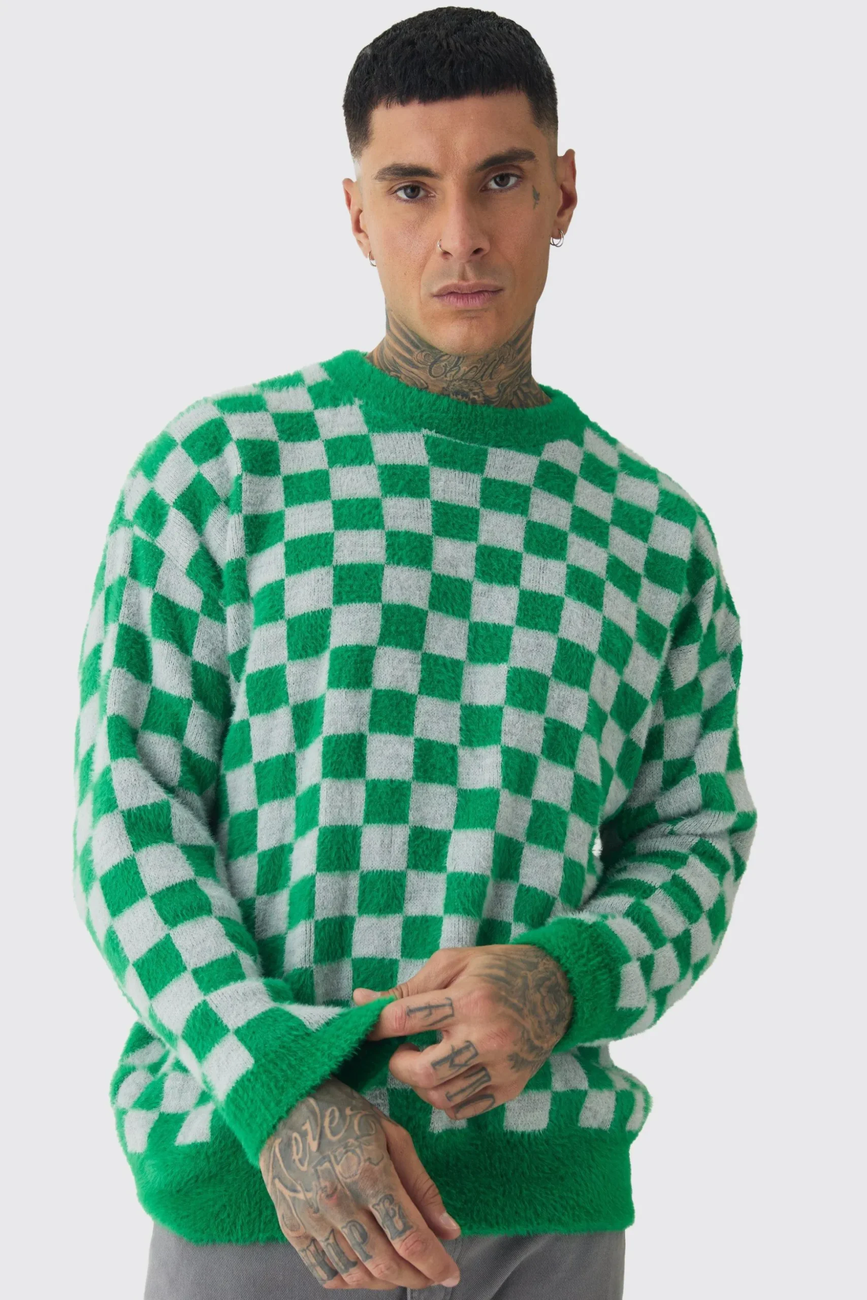 Tall Fluffy Knit Checkered Sweatshirt | BoohooMAN UK